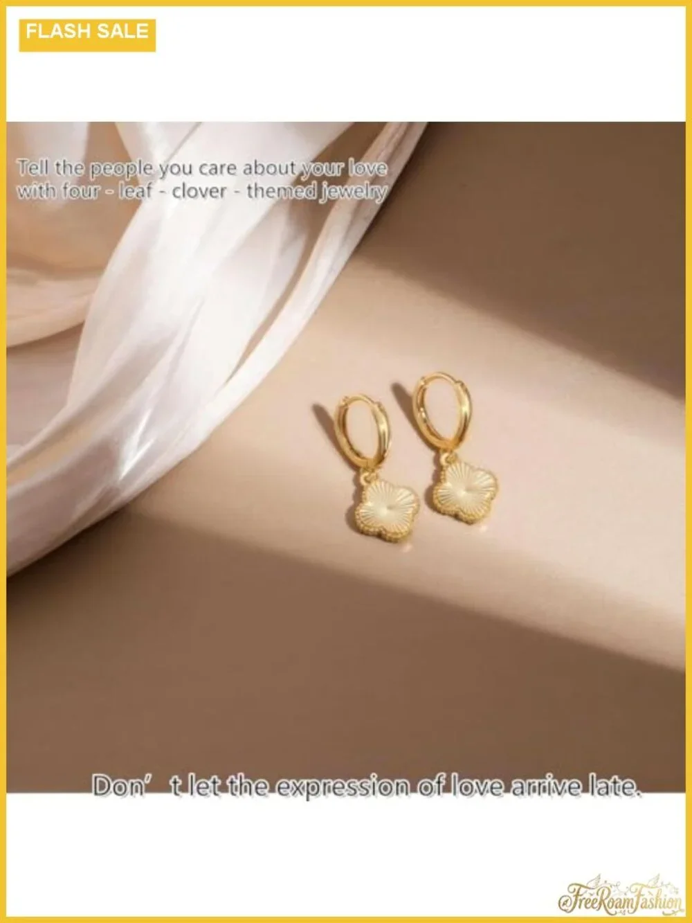 14K Gold Plated Four Leaf Clover Dangle Hoop Earrings